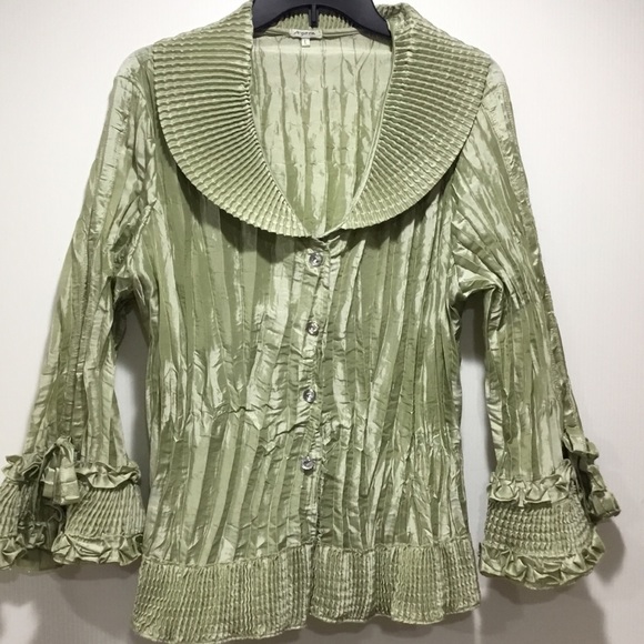 Agora Sage Green Pleated Ruffle Blouse Top - Picture 6 of 7